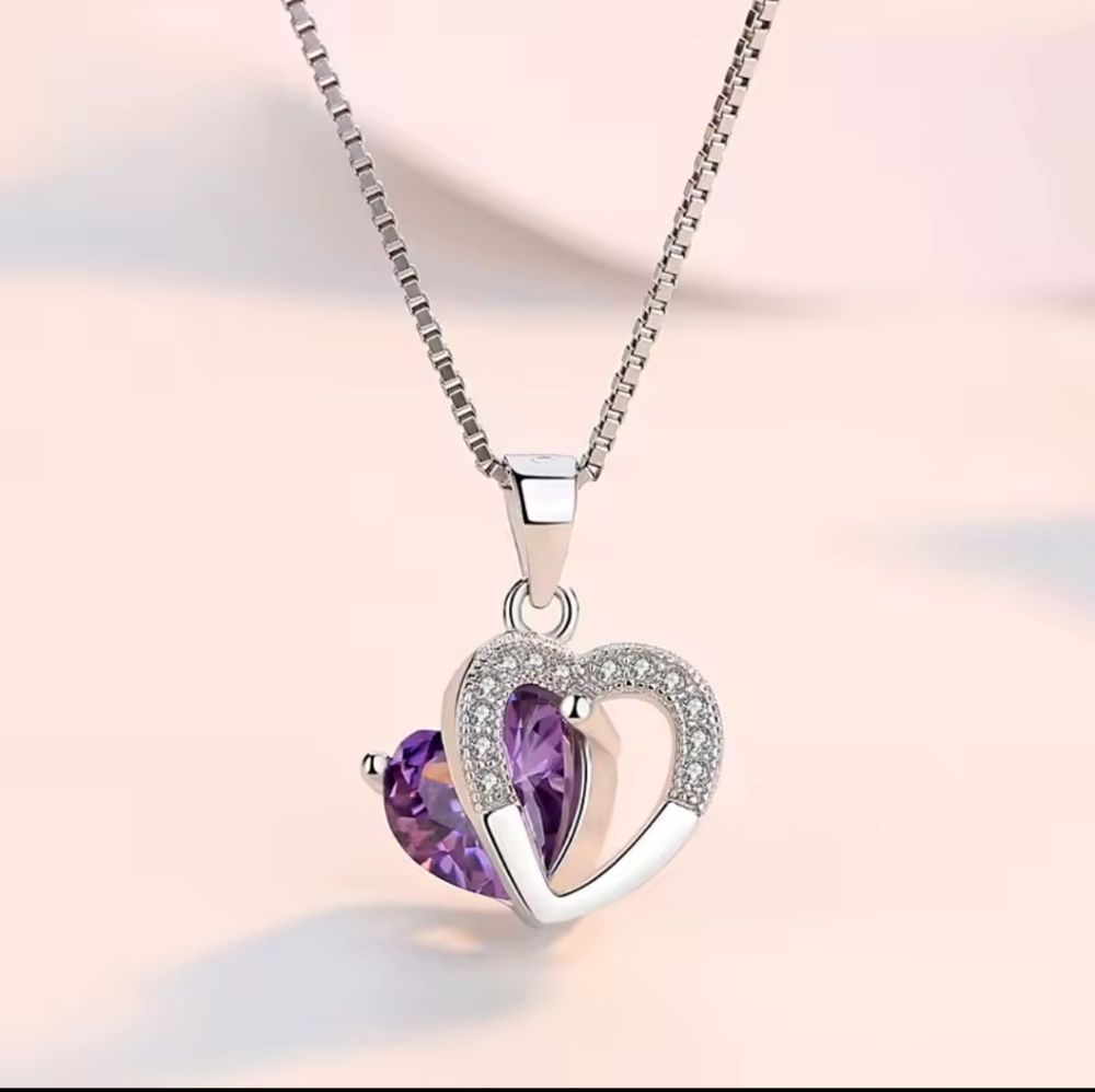 Elegant 925 Silver Heart Necklace with Purple Gemstone